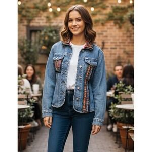 Vtg Esprit Jeans Embroidered Floral Denim Jacket Blue Medium‎ Wash Y2K Youth L?